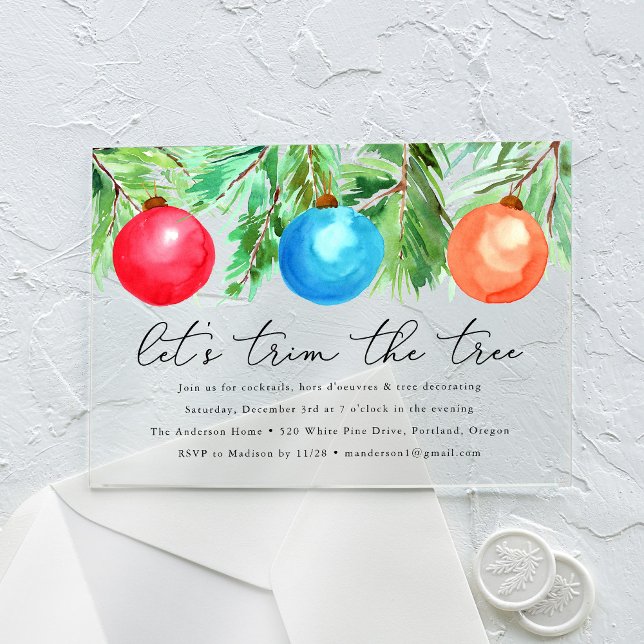 Watercolor Christmas Ornaments Tree Trimming Party Acrylic Invitations (Creator Uploaded)
