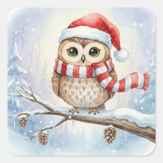 Watercolor Christmas Owl In a Santa Hat Square Sticker (Front)