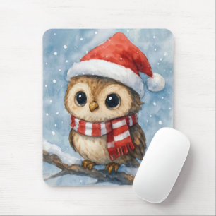 Watercolor Christmas Owl in Snowflakes Mouse Pad