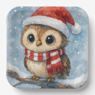 Watercolor Christmas Owl in Snowflakes Paper Plate