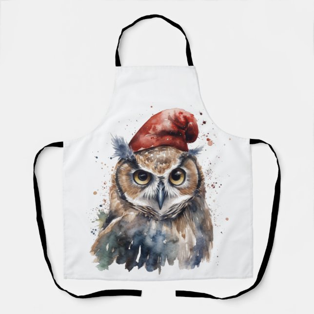 Watercolor Christmas Owl Santa Hat  Apron (Front)