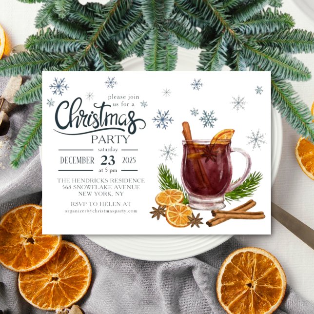 Watercolor Christmas Party Invitation (Watercolor Christmas Party Invitation with mulled wine)