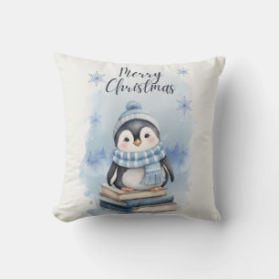 Watercolor Christmas Penguin Cushion