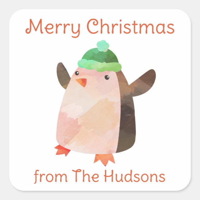 Watercolor Christmas Penguin Gift Stickers (Front)