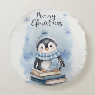 Watercolor Christmas Penguin Round Cushion