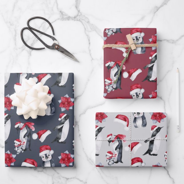 Watercolor Christmas Penguins Coordinating Wrapping Paper Sheet (Front)
