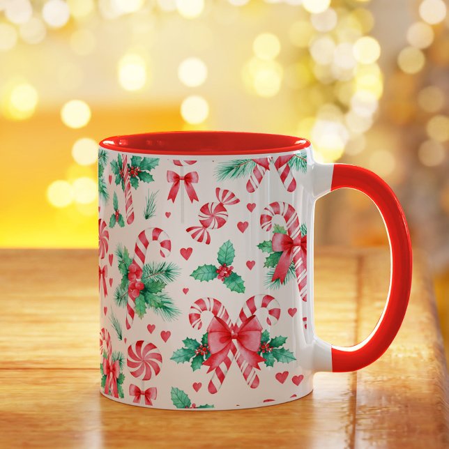 Watercolor Christmas Peppermint Candy and Holly Mug (Watercolor Christmas Peppermint Candy and Holly Mug)