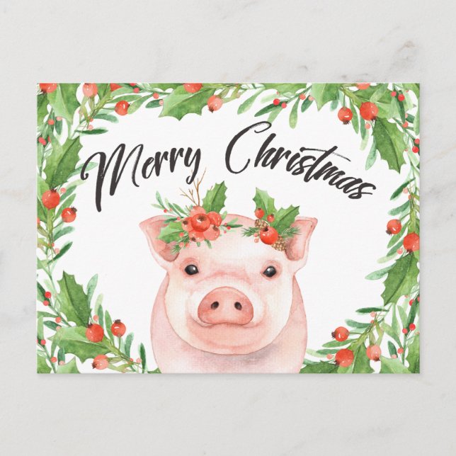 Watercolor Christmas Pig Postcard (Front)