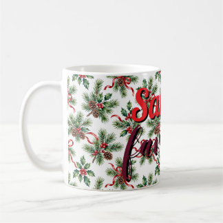 Watercolor Christmas Pine Cone and Holly Ribbon Coffee Mug