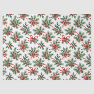 Watercolor Christmas Pine Cone and Holly Ribbon Tissue Paper