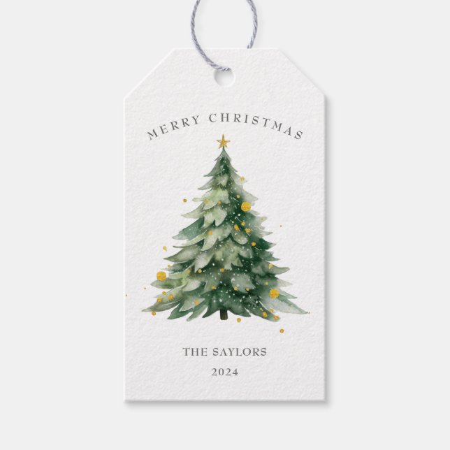 Watercolor Christmas Pine Tree Gold Holiday Gift Tags (Front)