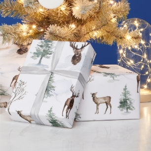 Watercolor Christmas Pine Tree & Reindeer  Wrapping Paper
