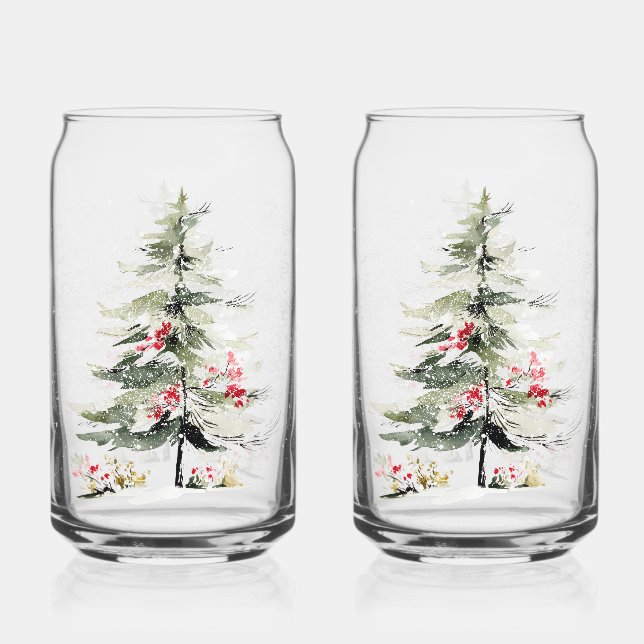 Watercolor Christmas Pine Trees Can Glass (Front)