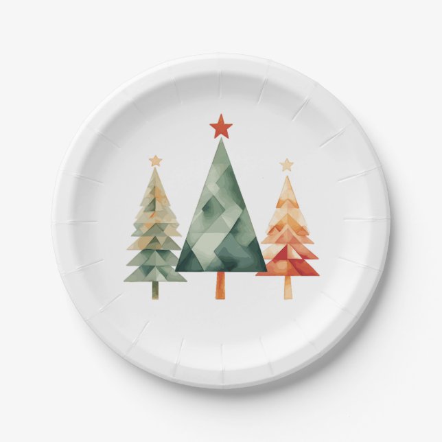 Watercolor Christmas Pine Trees Paper Plate (Front)