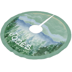 Watercolor Christmas Pines Monogram Name  Brushed Polyester Tree Skirt