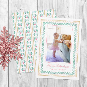 Watercolor Christmas Pink Grandmillennial Photo Holiday Card