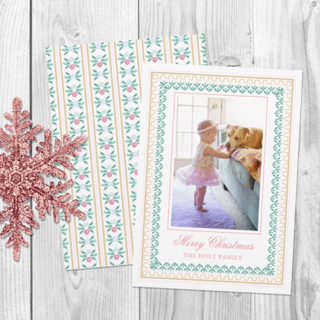 Watercolor Christmas Pink Grandmillennial Photo Holiday Card (Creator Uploaded)