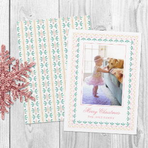 Watercolor Christmas Pink Grandmillennial Photo Holiday Card