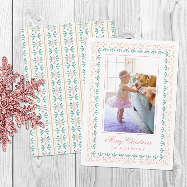 Watercolor Christmas Pink Grandmillennial Photo Holiday Card (Creator Uploaded)