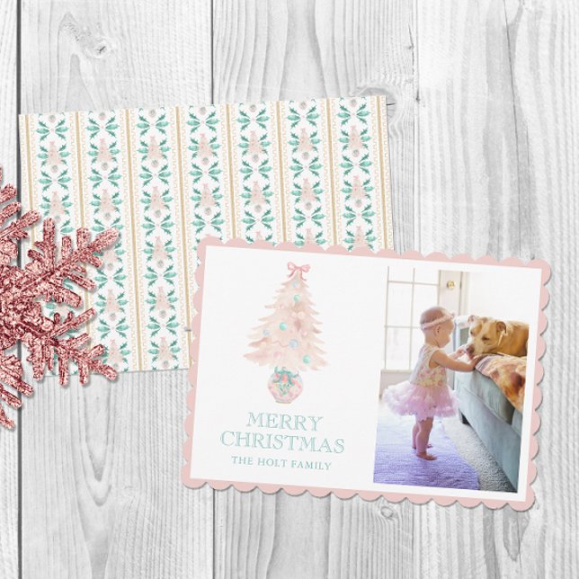 Watercolor Christmas Pink Grandmillennial Photo Holiday Card (Creator Uploaded)