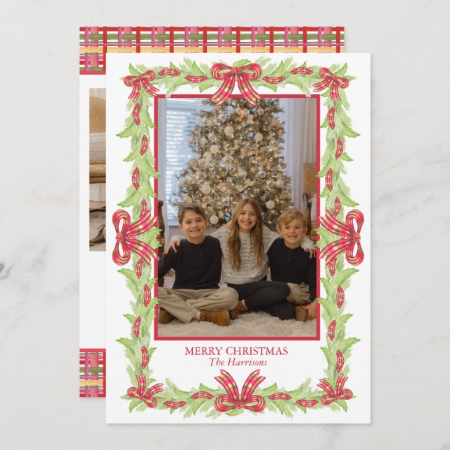 Watercolor Christmas Plaid Bow Garland Holiday Card (Front/Back)