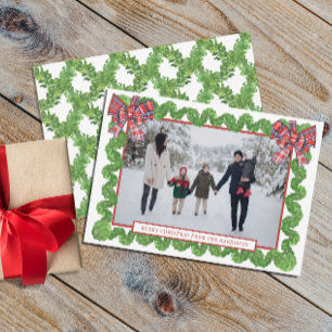 Watercolor Christmas Plaid Bow Garland Photo Holiday Card