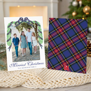 Watercolor Christmas Plaid Bow Garland Swag Photo Holiday Card