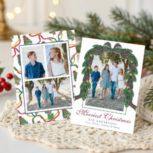 Watercolor Christmas Plaid Bow Garland Swag Photo Holiday Card