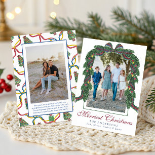 Watercolor Christmas Plaid Bow Garland Swag Photo Holiday Card