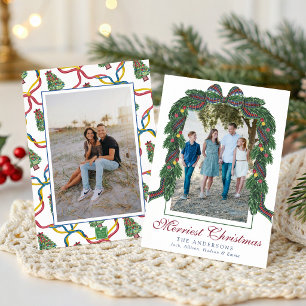 Watercolor Christmas Plaid Bow Garland Swag Photo Holiday Card