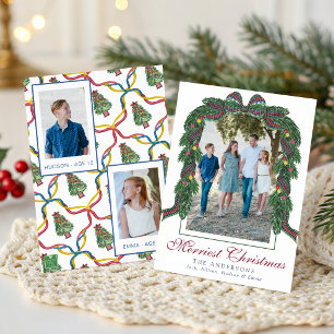 Watercolor Christmas Plaid Bow Garland Swag Photo Holiday Card