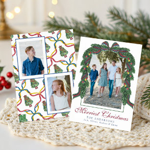 Watercolor Christmas Plaid Bow Garland Swag Photo Holiday Card