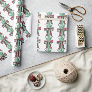 Watercolor Christmas Plaid Bow Garland Wrapping Paper
