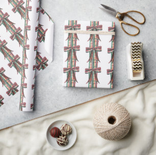 Watercolor Christmas Plaid Bow Garland Wrapping Paper
