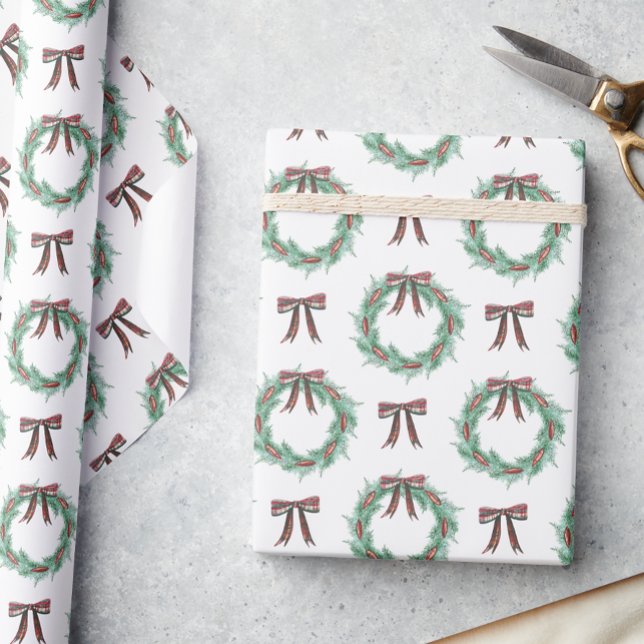 Watercolor Christmas Plaid Bow Garland Wrapping Paper (Creator Uploaded)