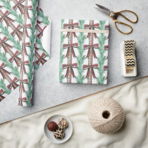 Watercolor Christmas Plaid Bow Garland Wrapping Paper