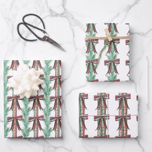 Watercolor Christmas Plaid Bow Garland Wrapping Paper Sheet (Front)
