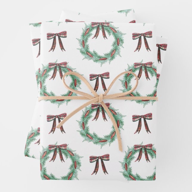 Watercolor Christmas Plaid Bow Garland Wrapping Paper Sheet (In situ)
