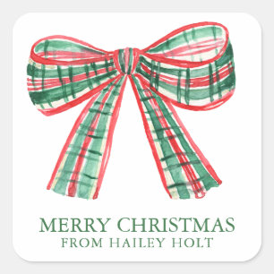 Watercolor Christmas Plaid Bow Gift Square Sticker