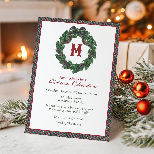 Watercolor Christmas Plaid Bow Monogram Wreath Invitation (Creator Uploaded)