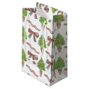 Watercolor Christmas Plaid Bow & Topiary Small Gift Bag
