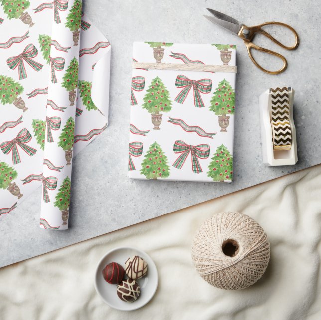 Watercolor Christmas Plaid Bow & Topiary Wrapping Paper (Crafts)