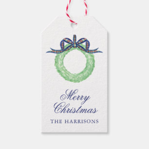 Watercolor Christmas Plaid Bow Wreath Gift Tags