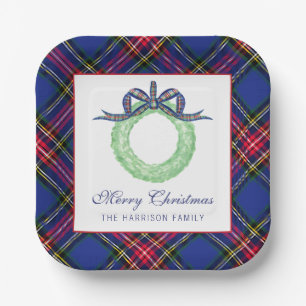 Watercolor Christmas Plaid Bow Wreath Personalised Paper Plate