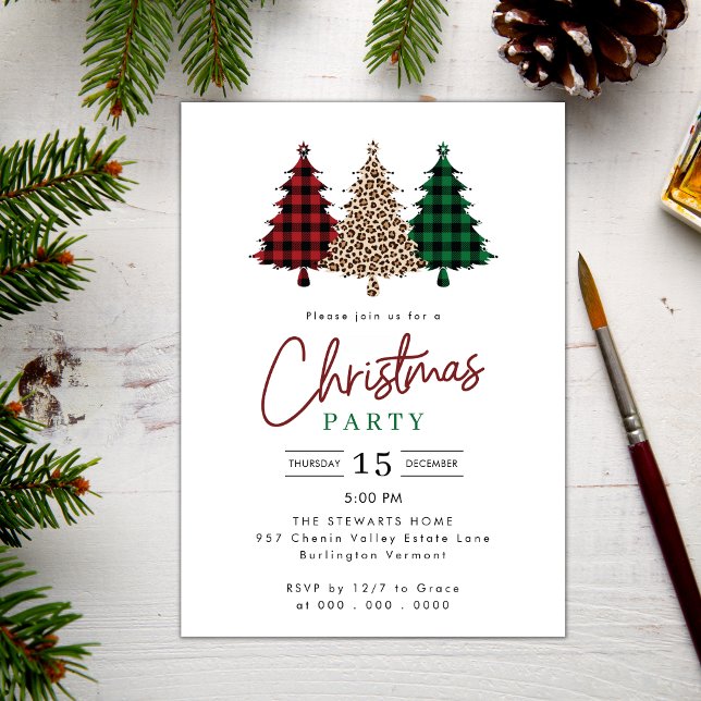 Watercolor Christmas Plaid Trees Holiday Party Invitation (Creator Uploaded)