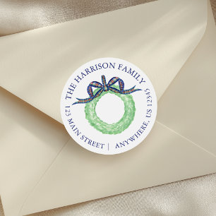 Watercolor Christmas Plaid Wreath Return Address Classic Round Sticker