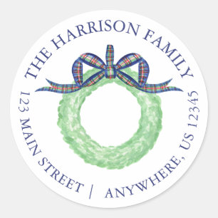 Watercolor Christmas Plaid Wreath Return Address Classic Round Sticker
