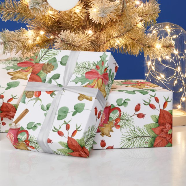 Watercolor Christmas Poinsettia and Red Cardinal Wrapping Paper (Holidays)