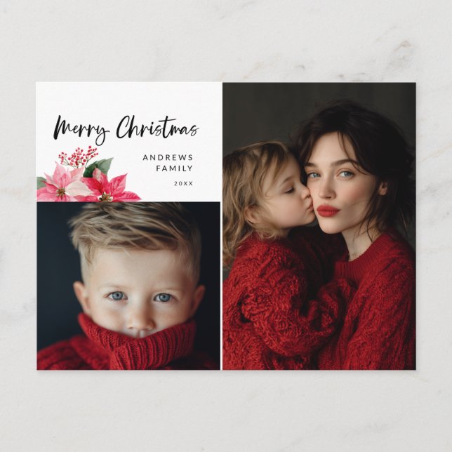 Watercolor Christmas Poinsettia Design Holiday Postcard (Front)