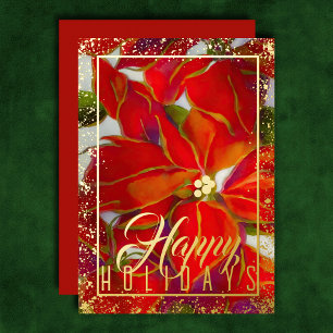 Watercolor Christmas Poinsettia Red Foil Holiday Card